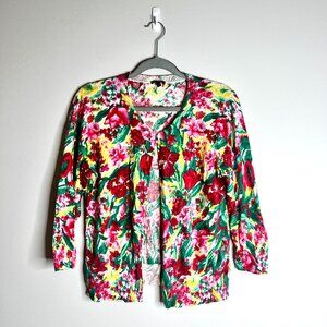 Talbots Bright Colorful Charming Floral Cardigan Sweater Crew Neck Spring Sz L